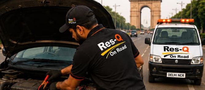 Illustration: a technician working on a car near India Gate, New Delhi, with a Res-Q On Road van