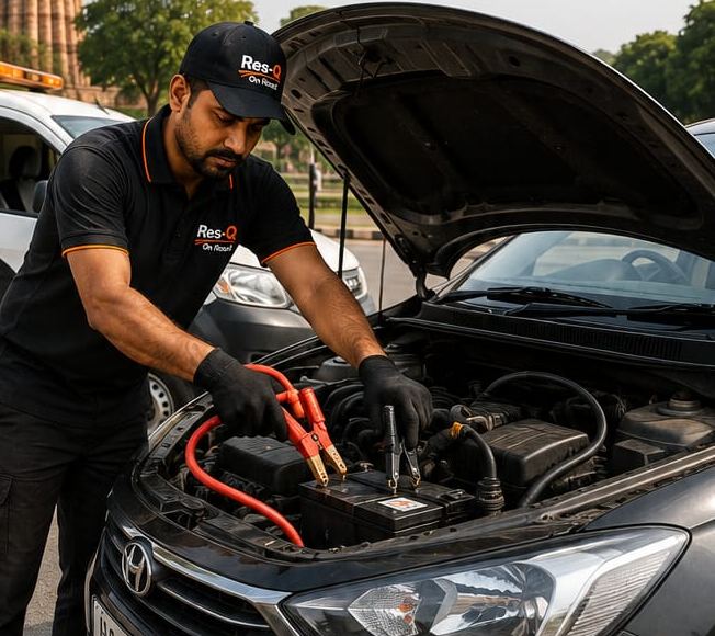 Illustration: a technician connecting jump leads to a car battery