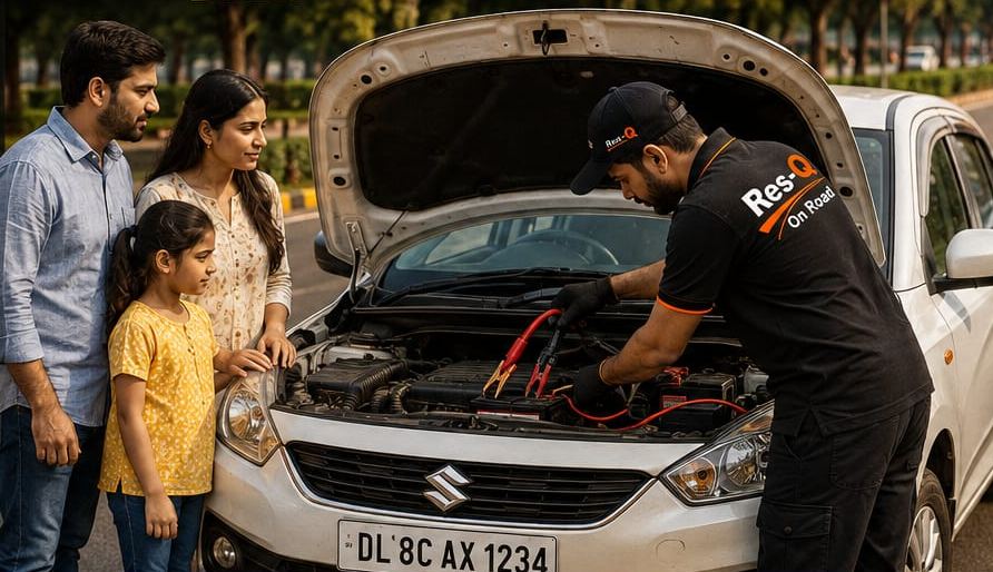 Illustration: a Res-Q On Road technician jump-starting a family’s car at the roadside