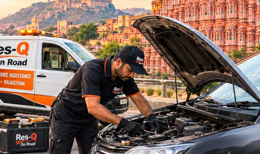 Illustration: a Res-Q On Road technician checking a car engine, with a service van behind