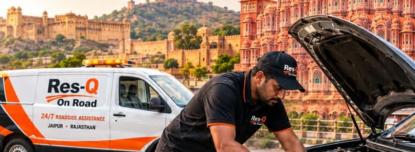 Illustration: a Res-Q On Road van and technician in Jaipur, with Hawa Mahal and Amer Fort behind