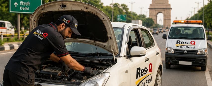 Illustration: a Res-Q On Road technician repairing a car near a Delhi road sign, with a service van behind